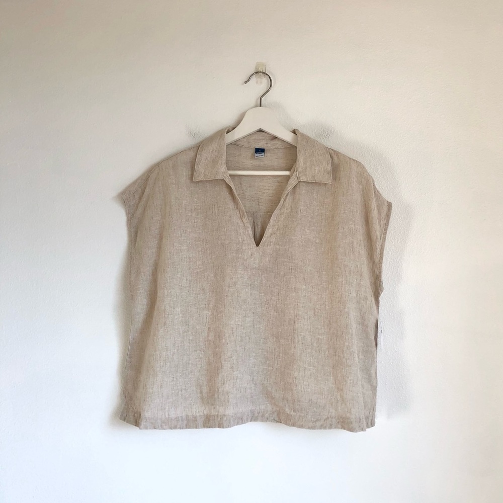 Old Navy Beige Linen Blend Boxy Top Size Medium Neutral Coastal Capsule Wardrobe